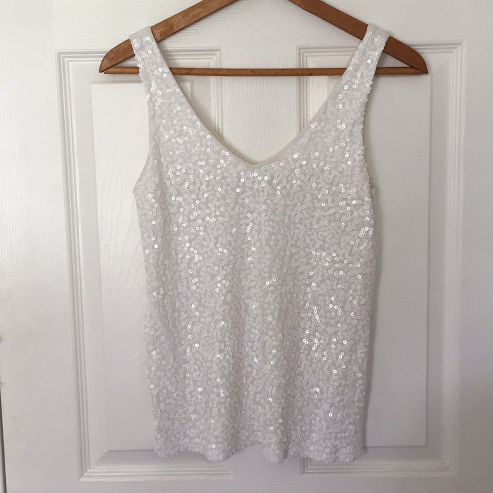 Sleeveless White Sequin Soft V-Neck Tank Top
